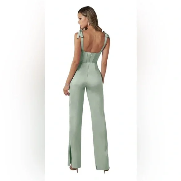 Azazie Raquel Green Lace Corset Satin Dressy Jumpsuit Like New Size 4 - Picture 4 of 11